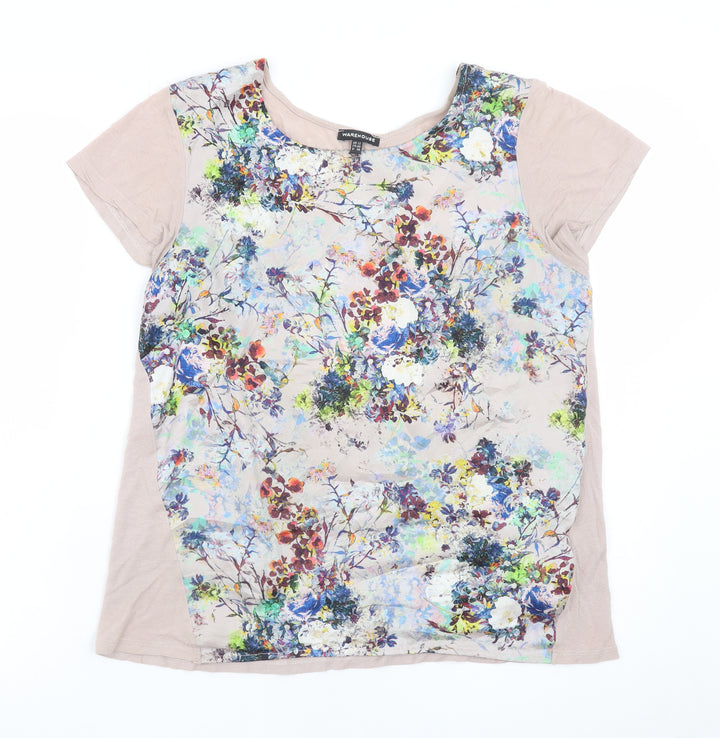 Warehouse Women’s Beige Floral Short Sleeve Viscose T-Shirt Size 12