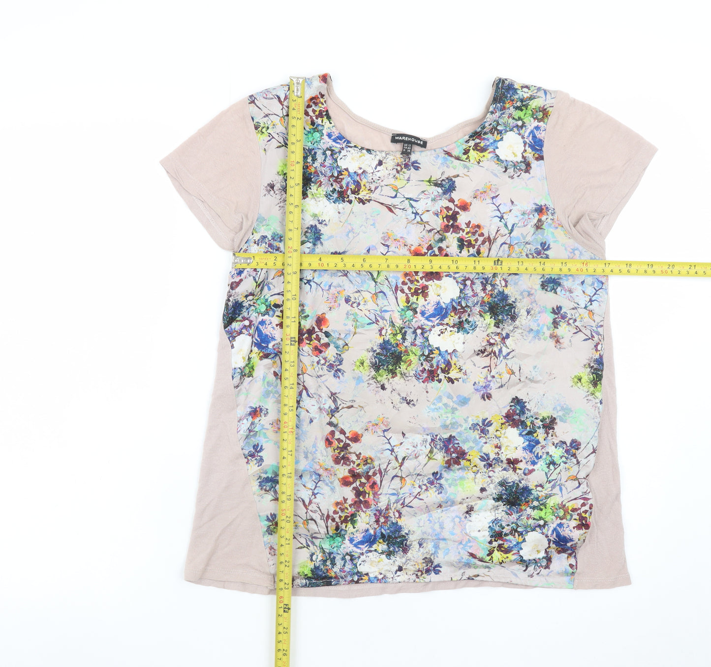 Warehouse Women’s Beige Floral Short Sleeve Viscose T-Shirt Size 12