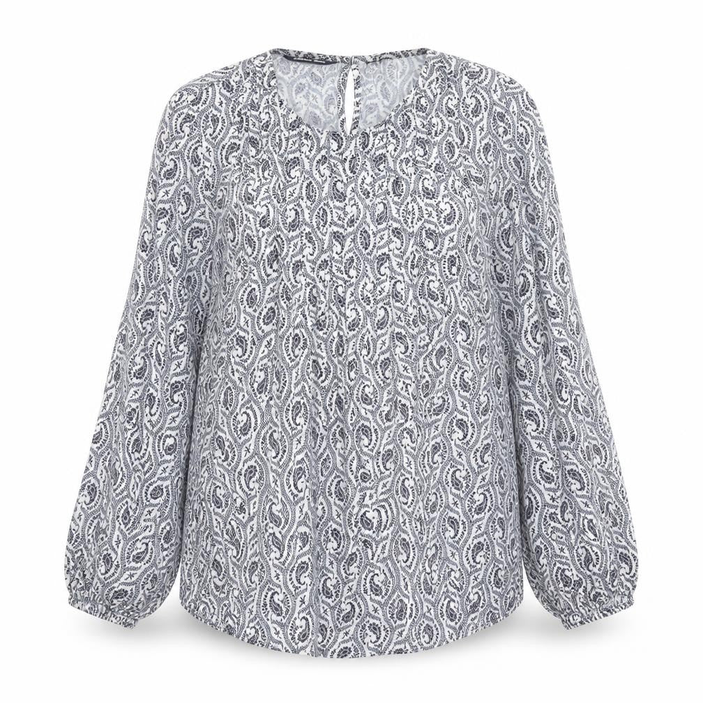Front view of Lands' End Women's Blue Paisley Long Sleeve Tunic Blouse, size S