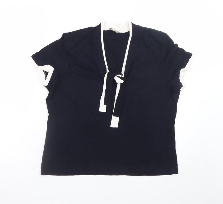 Precis Petite Women’s Blue Short Sleeve Tie Neck Blouse L