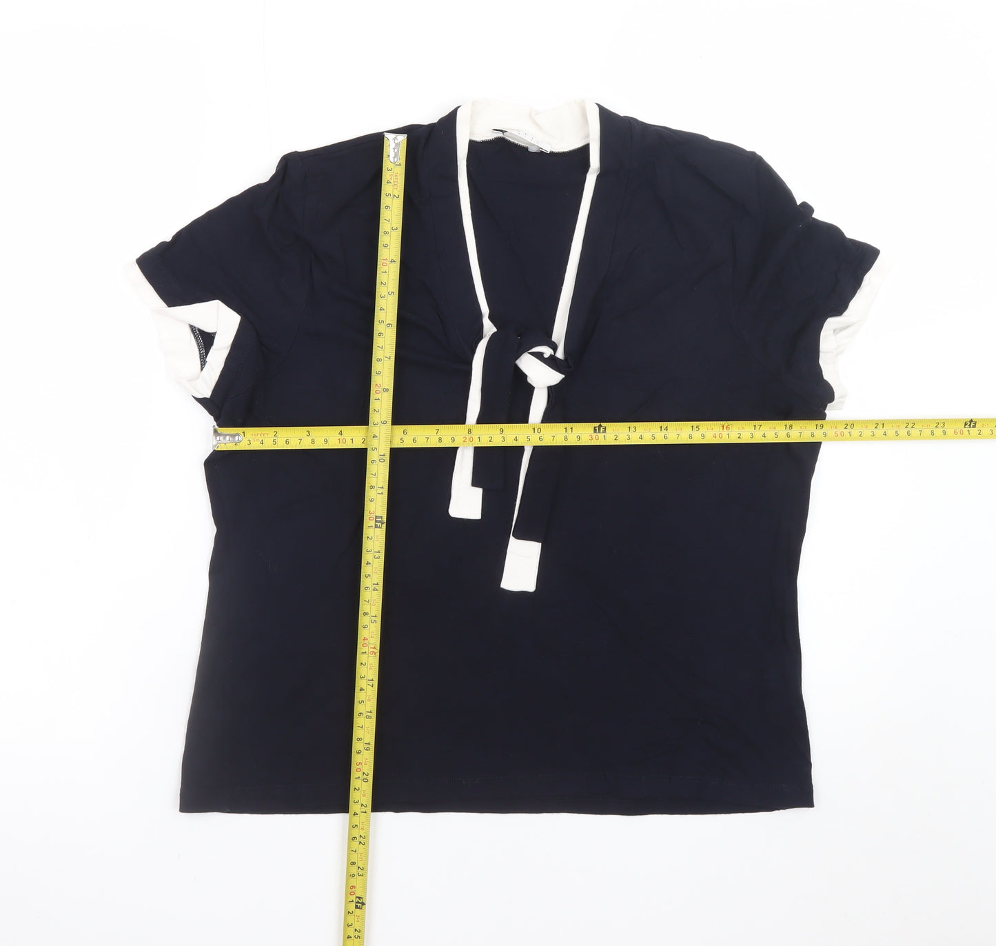 Precis Petite Women’s Blue Short Sleeve Tie Neck Blouse L