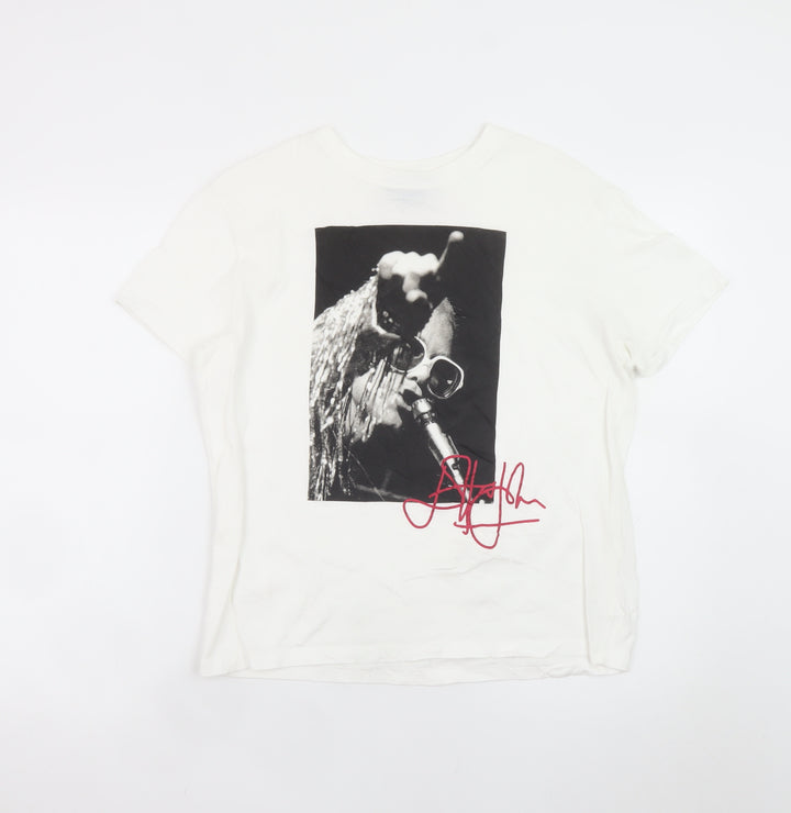 Bershka Women White Elton John Graphic T-Shirt Size S