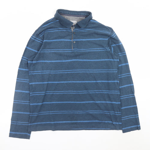 Marks and Spencer Men's Blue Striped Long Sleeve Cotton Polo Medium