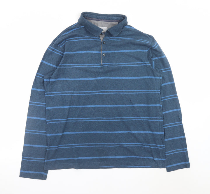 Marks and Spencer Men's Blue Striped Long Sleeve Cotton Polo Medium