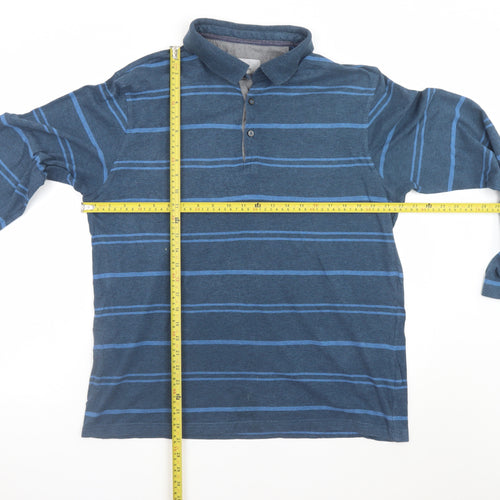 Marks and Spencer Men's Blue Striped Long Sleeve Cotton Polo Medium