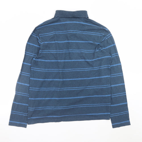 Marks and Spencer Men's Blue Striped Long Sleeve Cotton Polo Medium