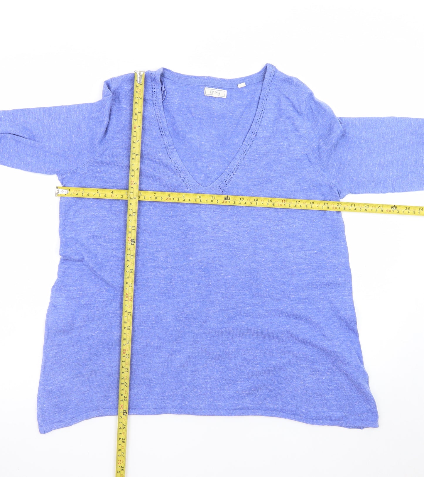 Fat Face Women's Blue Tunic Top UK 12 V-Neck Cotton 3/4 Sleeve
