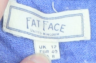 Fat Face Women's Blue Tunic Top UK 12 V-Neck Cotton 3/4 Sleeve