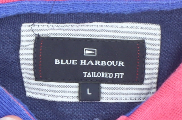 Marks and Spencer Blue Harbour Men's Pink Striped Polo Shirt L