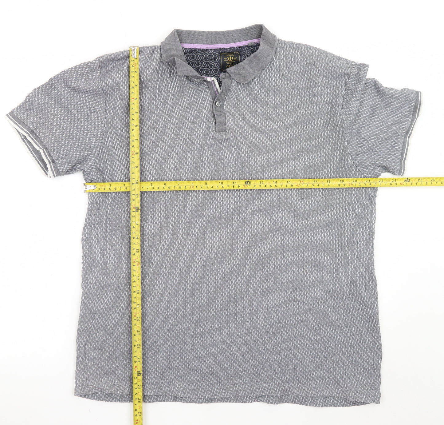 Next Mens Grey Geometric Short Sleeve Polo Shirt Size L Regular Fit