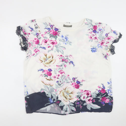 Oasis Women's Floral Short Sleeve Blouse White Multi UK 16 Viscose Lace Trim