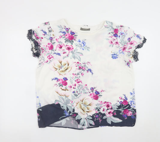 Oasis Women's Floral Short Sleeve Blouse White Multi UK 16 Viscose Lace Trim