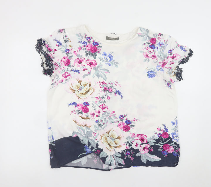 Oasis Women's Floral Short Sleeve Blouse White Multi UK 16 Viscose Lace Trim