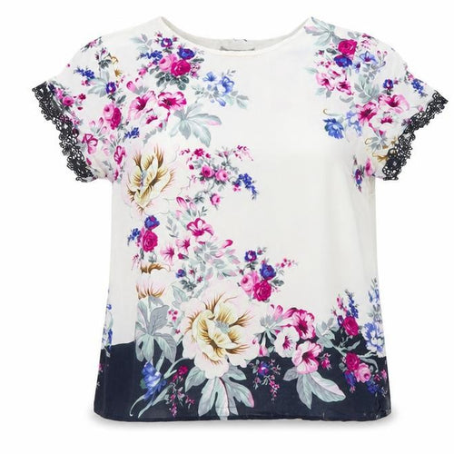 Oasis Women's Floral Short Sleeve Blouse White Multi UK 16 Viscose Lace Trim