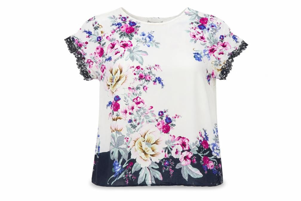 Oasis Women's Floral Short Sleeve Blouse White Multi UK 16 Viscose Lace Trim