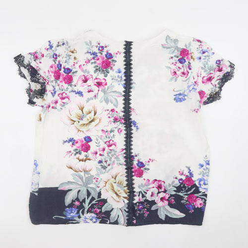 Oasis Women's Floral Short Sleeve Blouse White Multi UK 16 Viscose Lace Trim