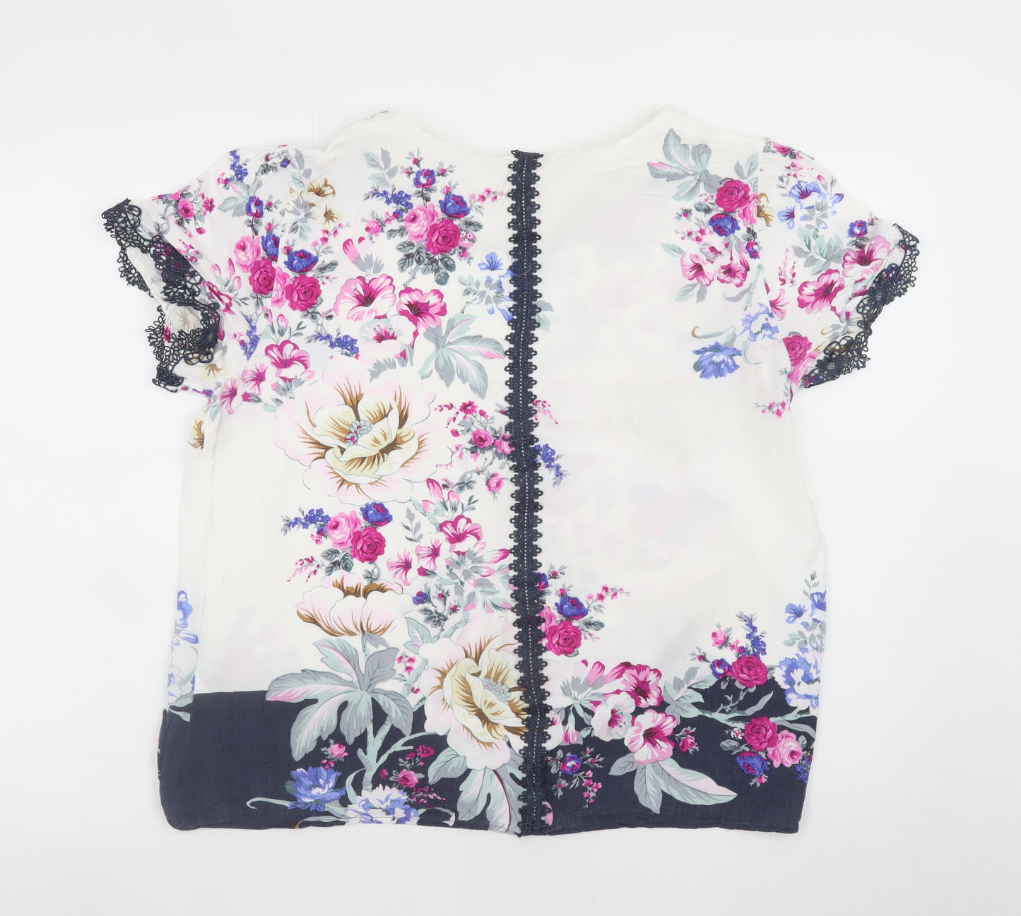 Oasis Women's Floral Short Sleeve Blouse White Multi UK 16 Viscose Lace Trim