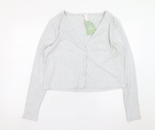 H&M Women's Grey Viscose Blend Cropped Button Blouse XL Long Sleeve