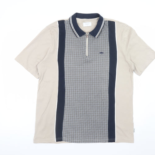 Easy Mens Beige and Navy Houndstooth Polo T-Shirt Size L Cotton Retro