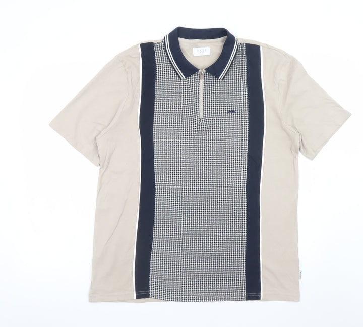 Easy Mens Beige and Navy Houndstooth Polo T-Shirt Size L Cotton Retro