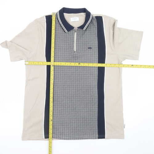 Easy Mens Beige and Navy Houndstooth Polo T-Shirt Size L Cotton Retro
