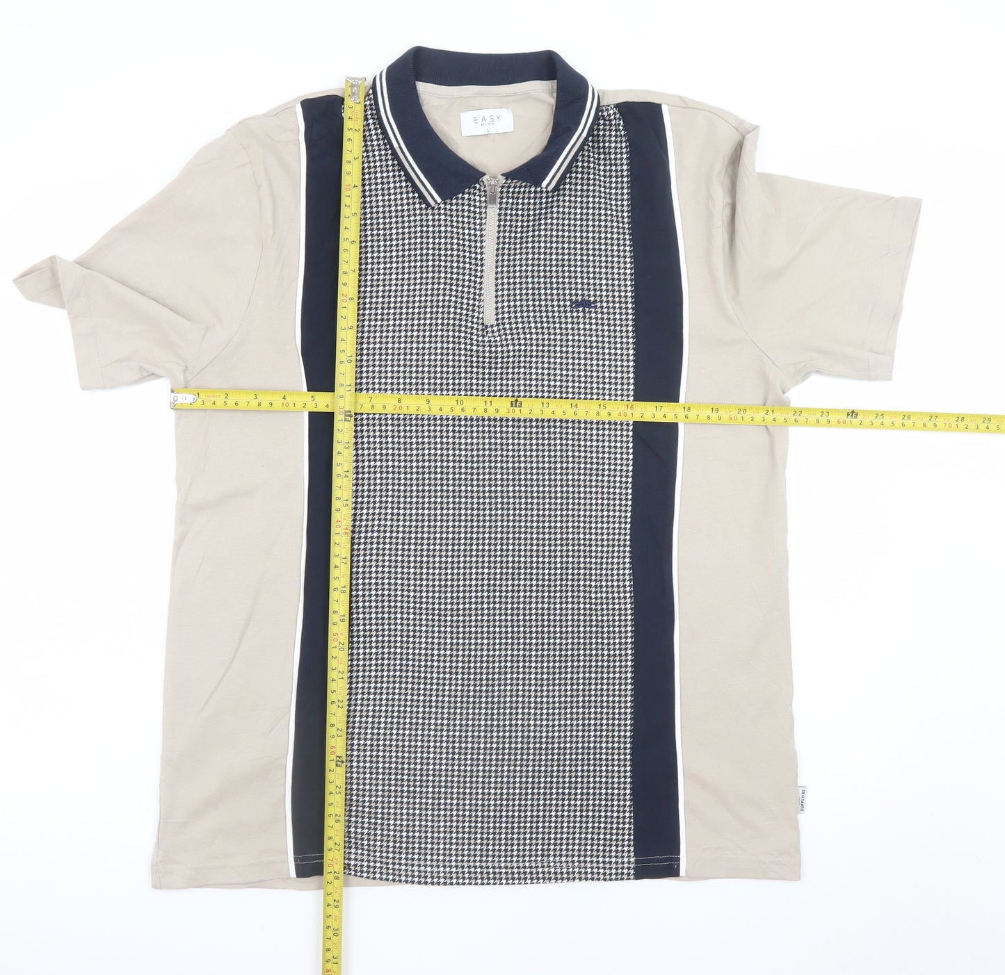 Easy Mens Beige and Navy Houndstooth Polo T-Shirt Size L Cotton Retro