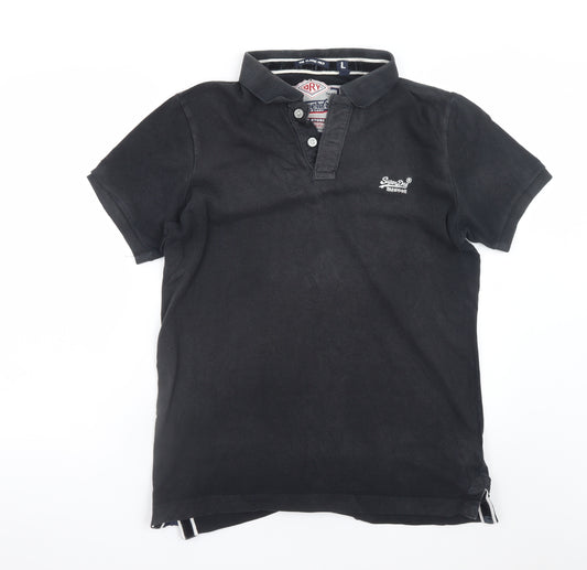 Superdry Men’s Black Cotton Polo Shirt Size L Classic Fit