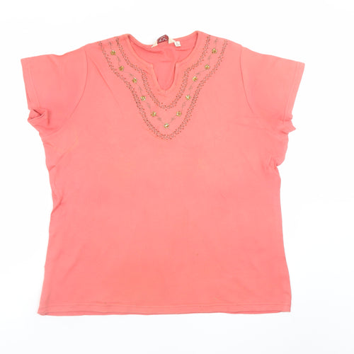 EWM Women Coral Beaded Short Sleeve Top Size L 18/20 Casual