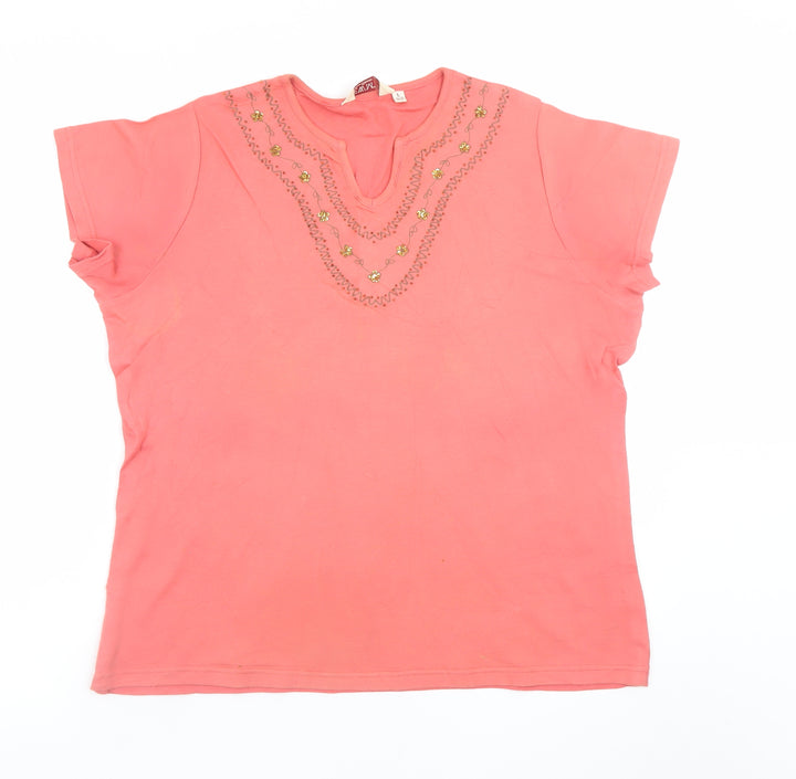 EWM Women Coral Beaded Short Sleeve Top Size L 18/20 Casual