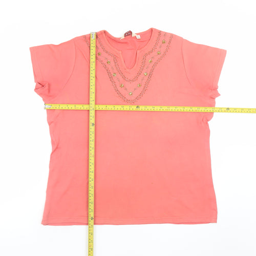 EWM Women Coral Beaded Short Sleeve Top Size L 18/20 Casual