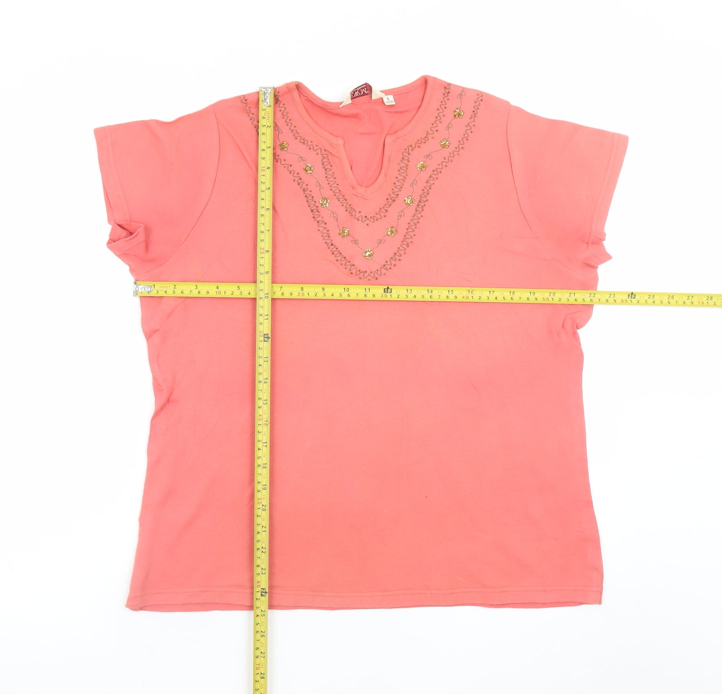 EWM Women Coral Beaded Short Sleeve Top Size L 18/20 Casual