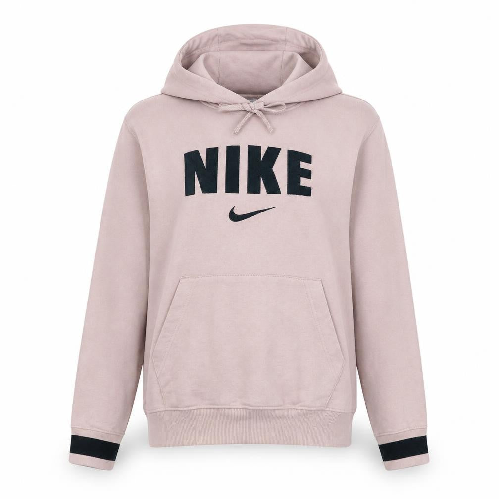 Front view of Nike women’s pink xs pullover hoodie cotton logo sweatshirt