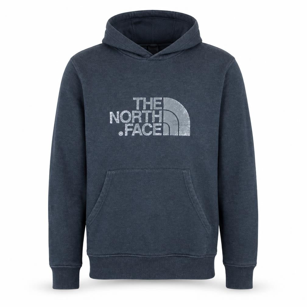Front view of The North Face Men's Blue Pullover Hoodie Small Logo Fleece Sweatshirt