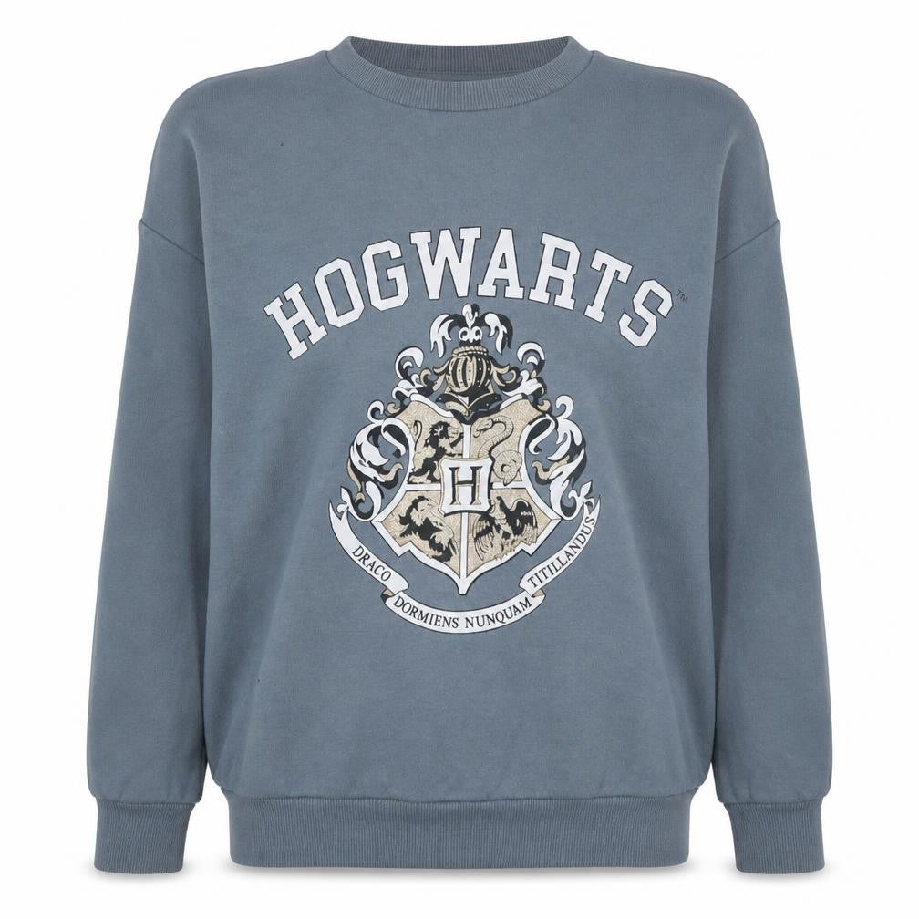 Front view of Harry Potter Women Grey Hogwarts Crest Sweatshirt, size 12-14, M