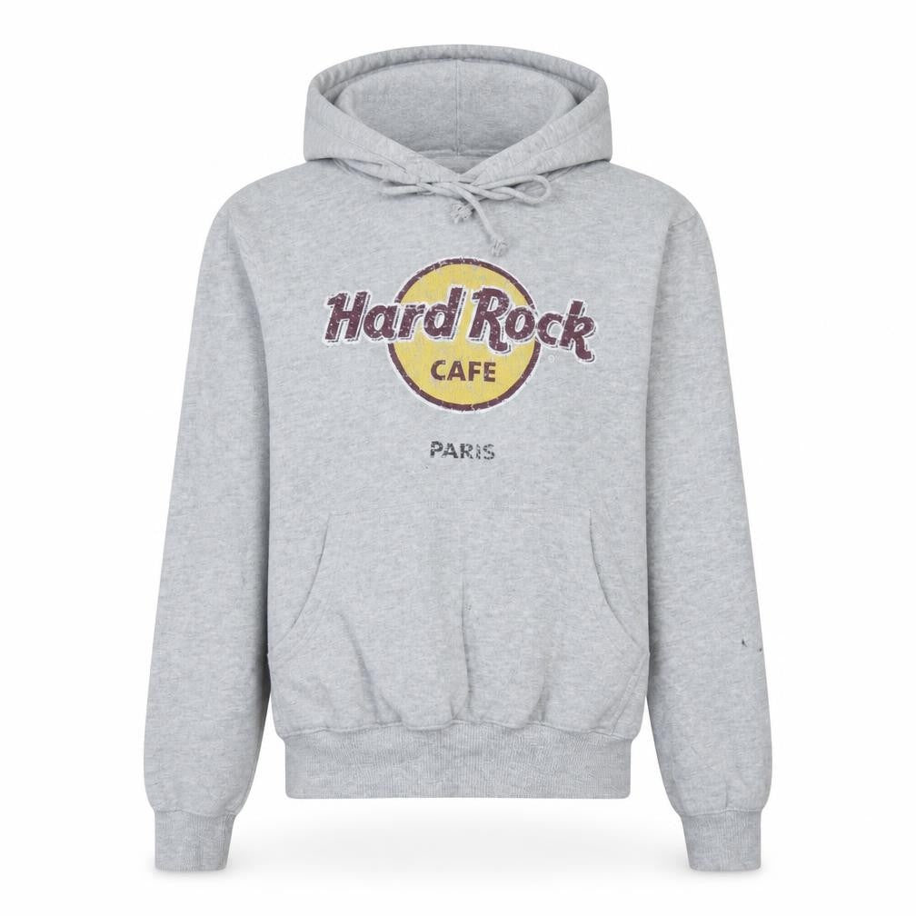Front view of Hard Rock Cafe Paris Grey Pullover Hoodie Men’s Small Logo Fleece