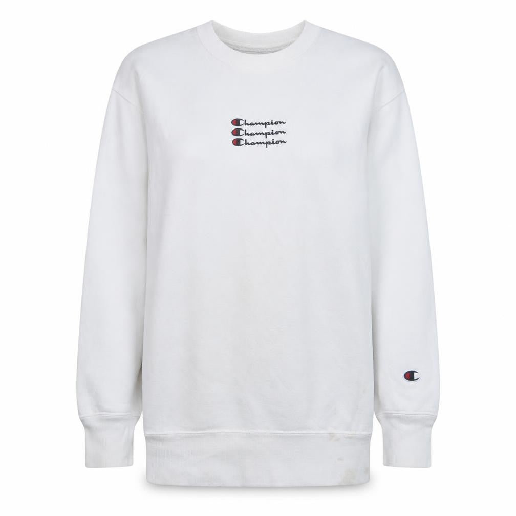 Front view of Champion Women's White Small Pullover Sweatshirt with Logo
