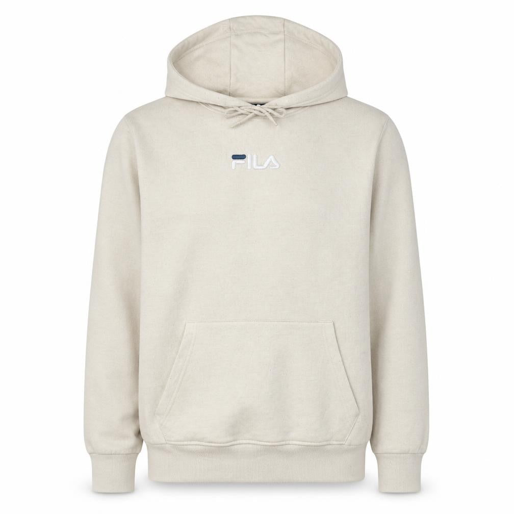 Front view of Fila Men’s Beige Pullover Hoodie Medium Cotton Blend Classic Logo