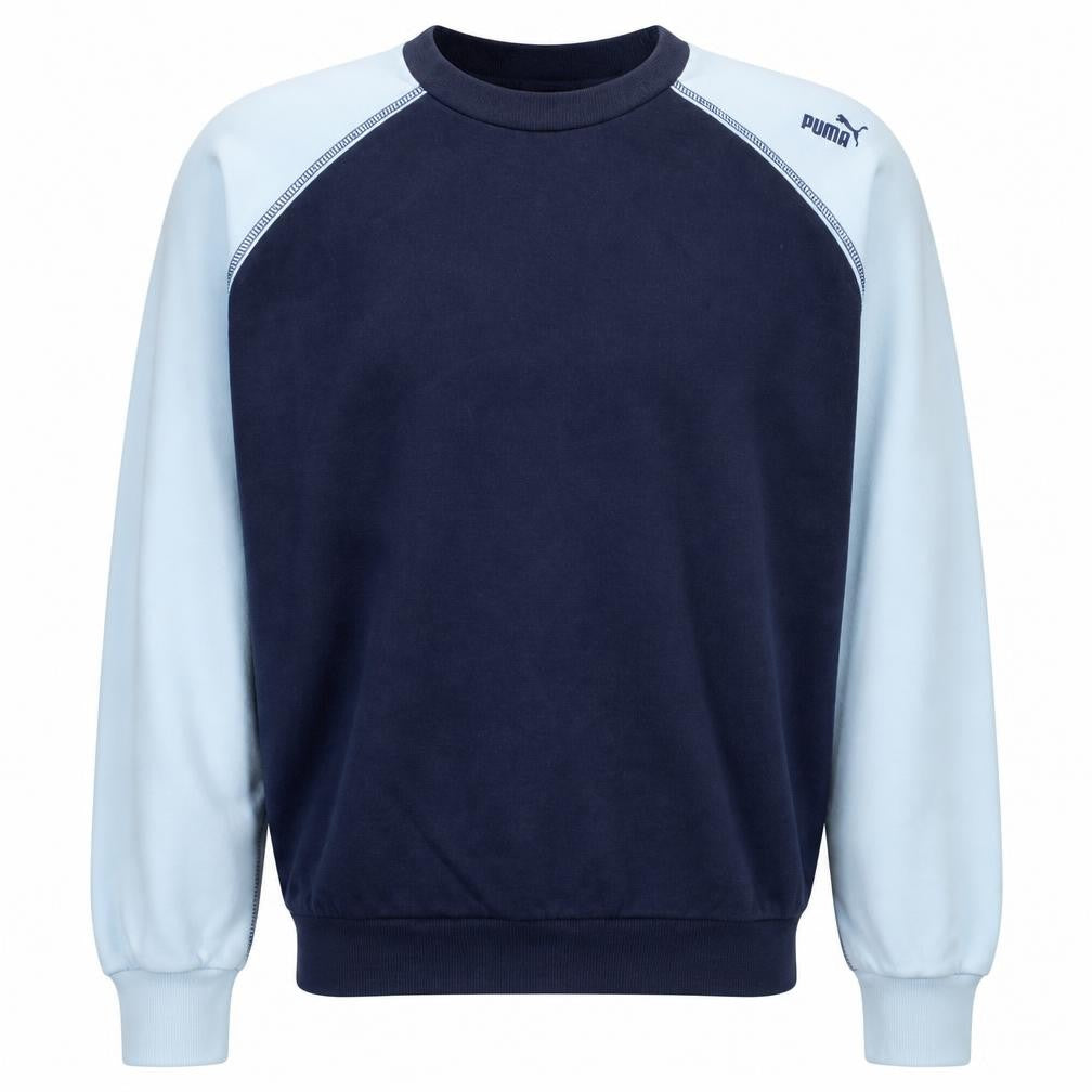Front view of Puma men’s blue crew neck pullover sweatshirt, size L