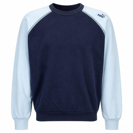 Front view of Puma men’s blue crew neck pullover sweatshirt, size L