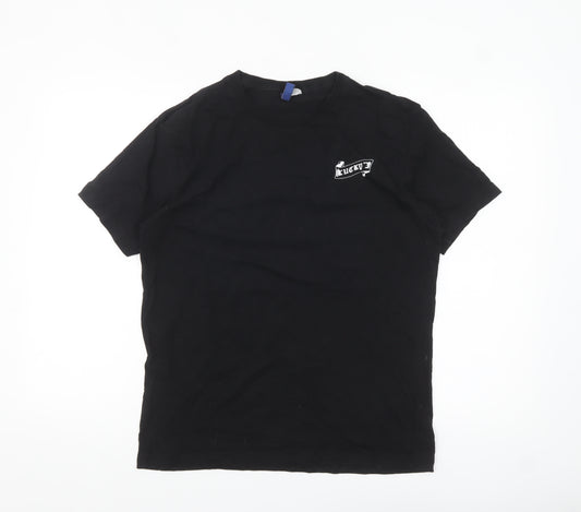 H&M Men Black Graphic Skull Rose Cotton T-Shirt Size M