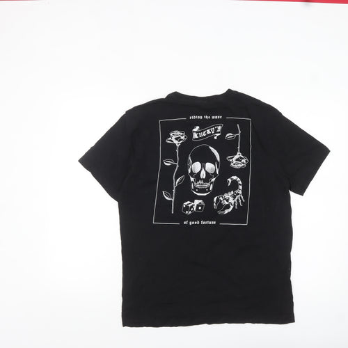 H&M Men Black Graphic Skull Rose Cotton T-Shirt Size M