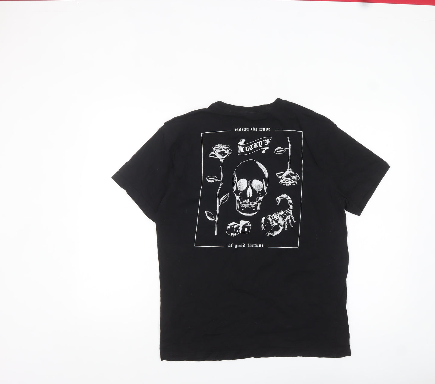 H&M Men Black Graphic Skull Rose Cotton T-Shirt Size M