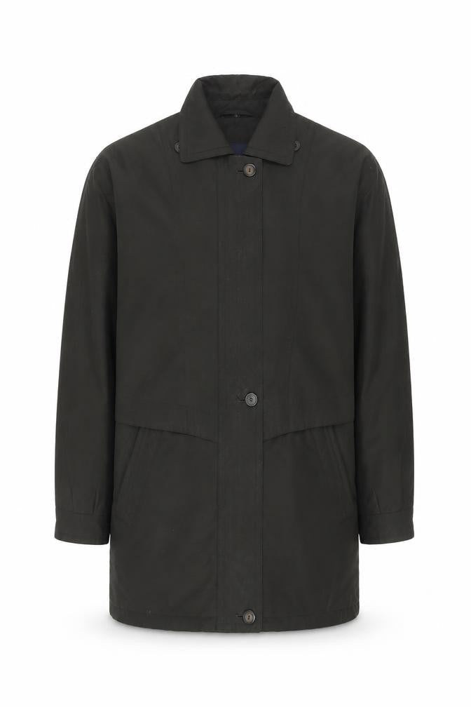 Front view of Telemac Men's Black Mid-Length Overcoat, size S, with Button Fastening