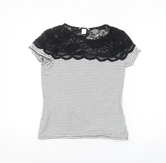H&M Women Black Striped Lace Short Sleeve Cotton T-Shirt Size 12