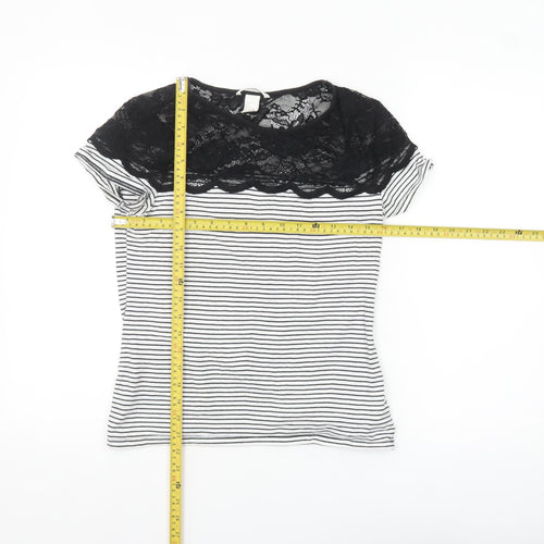 H&M Women Black Striped Lace Short Sleeve Cotton T-Shirt Size 12