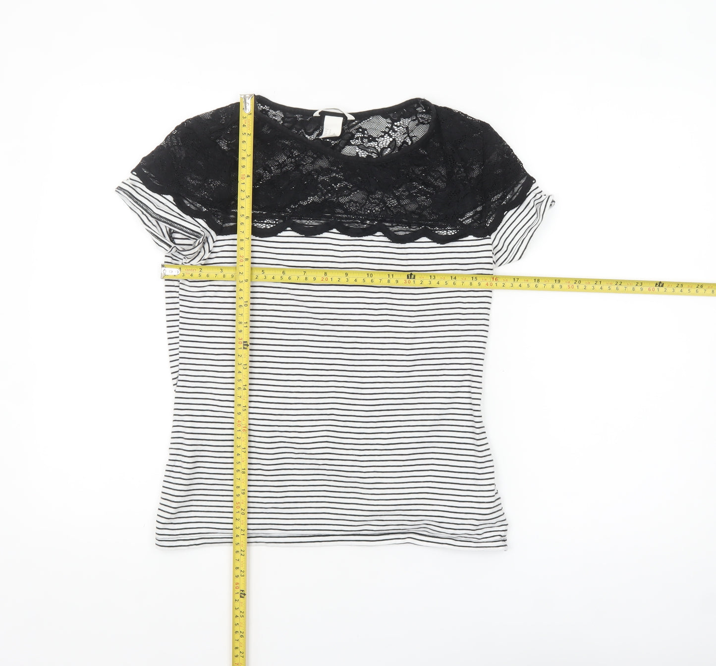 H&M Women Black Striped Lace Short Sleeve Cotton T-Shirt Size 12