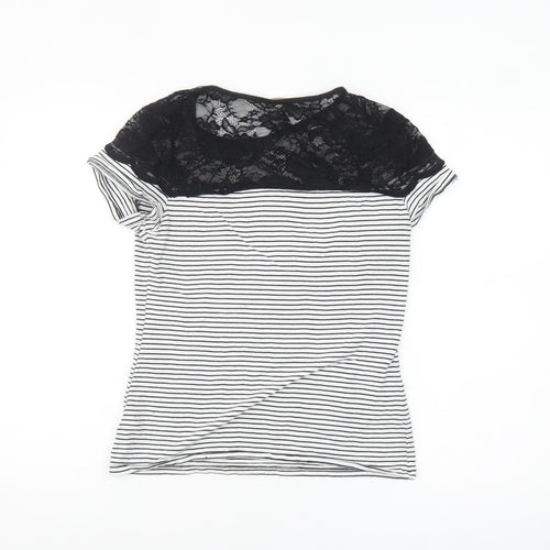 H&M Women Black Striped Lace Short Sleeve Cotton T-Shirt Size 12