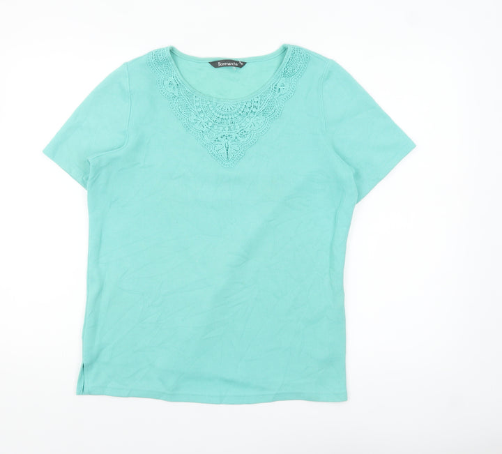 Bonmarche Womens Green Crochet Neck Short Sleeve T-Shirt Size S