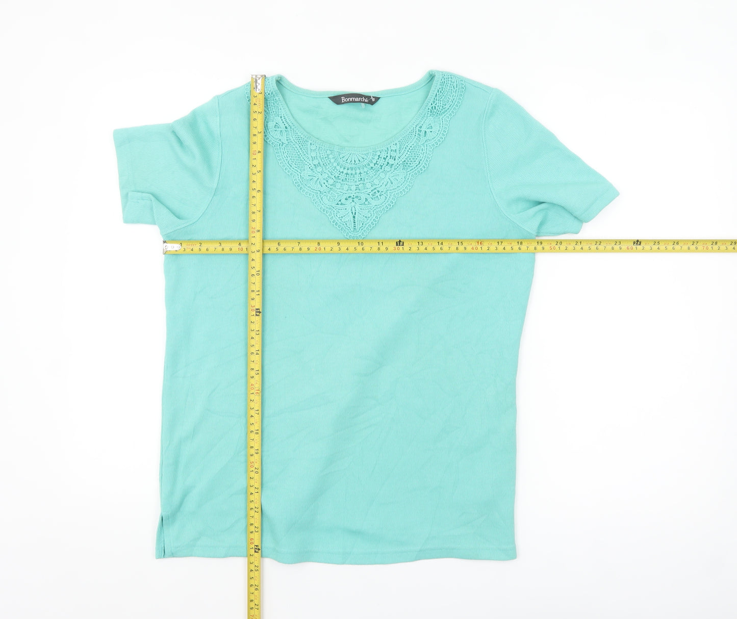 Bonmarche Womens Green Crochet Neck Short Sleeve T-Shirt Size S