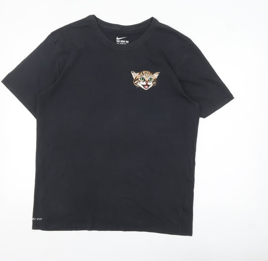 Nike Men Black Dri-FIT Cat Graphic Athletic Fit T-Shirt Size L